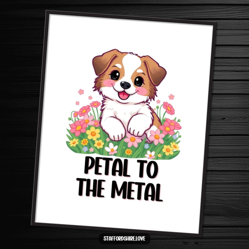 Funny Staffordshire dog happily rolling in flowers on a wall poster. Great gift.