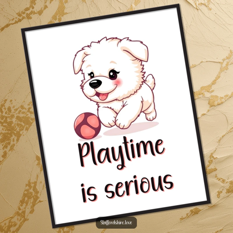 Funny, fluffy Staffordshire puppy with rosy cheeks, playfully chasing a bouncing ball on a vibrant wall art poster.