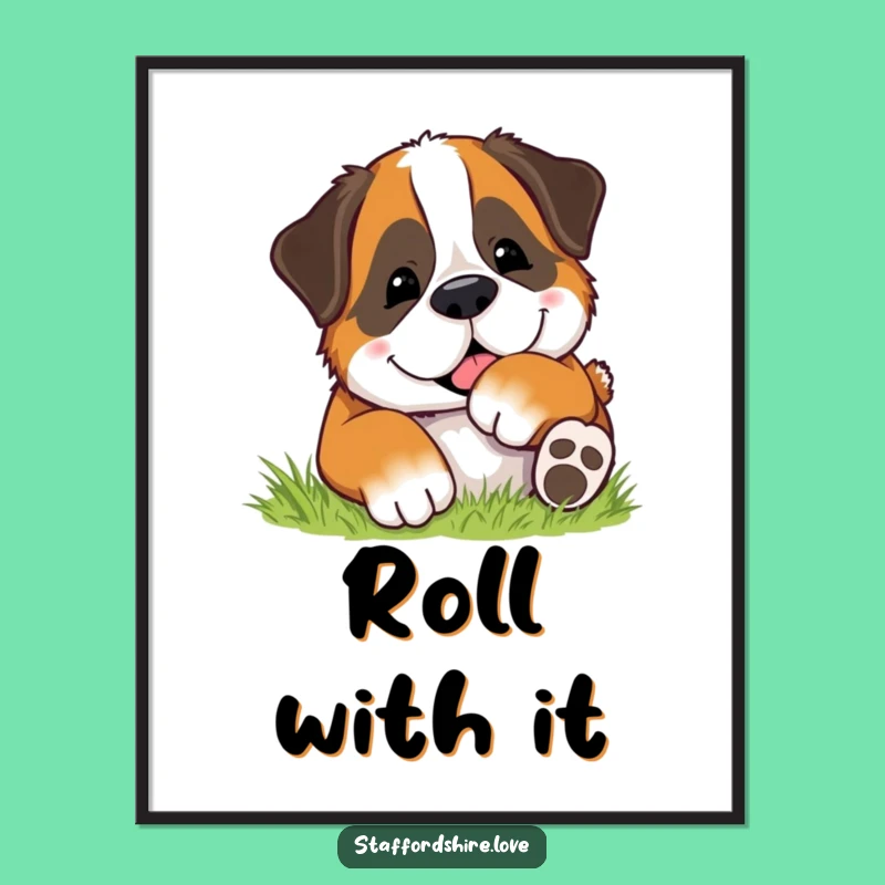 Funny Rolling Dog Poster - Happy Saint Bernard Grass Art Print Gift
