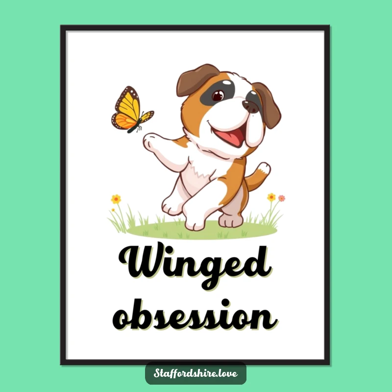 Funny Butterfly Chasing Poster - Playful Saint Bernard Joyful Art Gift