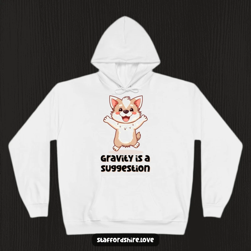 Funny Kawaii Staffordshire Hoodie, featuring a cute Staffy doing a happy, clumsy jump, offering cozy comfort and a touch of playful humor.