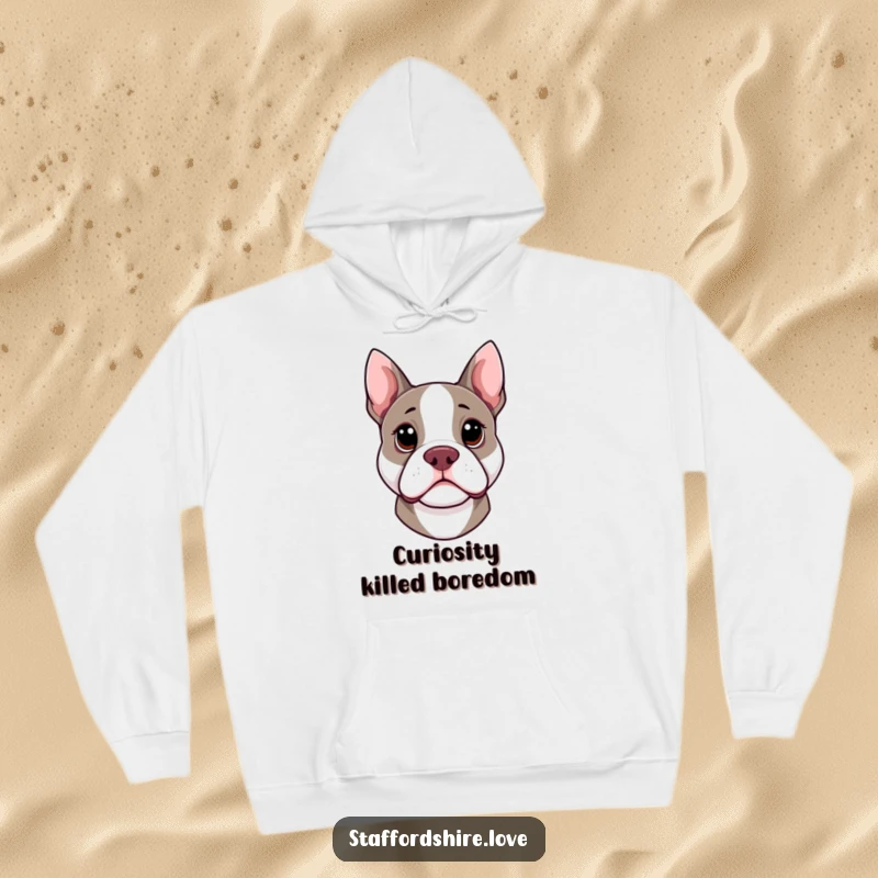 Funny kawaii Staffordshire Bull Terrier hoodie with head cocked curiously, offering cozy comfort and endearing doggy humor.