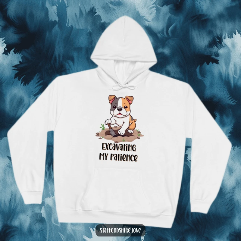 Funny kawaii Staffordshire Bull Terrier hoodie showing determined digging, offering cozy comfort and humorous motivation.