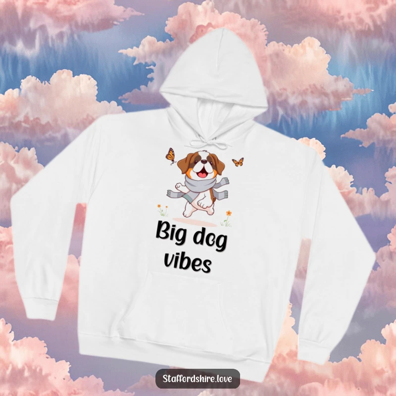 Funny Saint Bernard hoodie, soft, warm, featuring a large dog in a scarf chasing a butterfly, ideal winter gift.