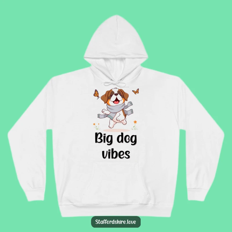 Cozy Funny Saint Bernard Butterfly Chase Hoodie: Warm & Whimsical Dog Design Gift