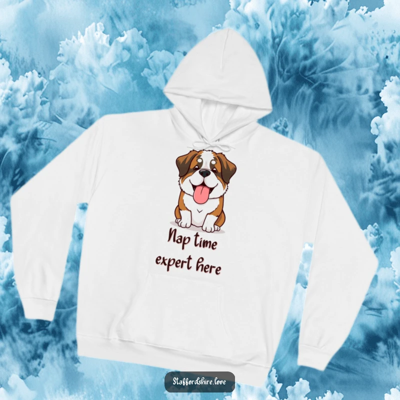 Funny Saint Bernard hoodie featuring a dog sighing contently, tongue lolling out, bringing humor and warmth to the wearer.