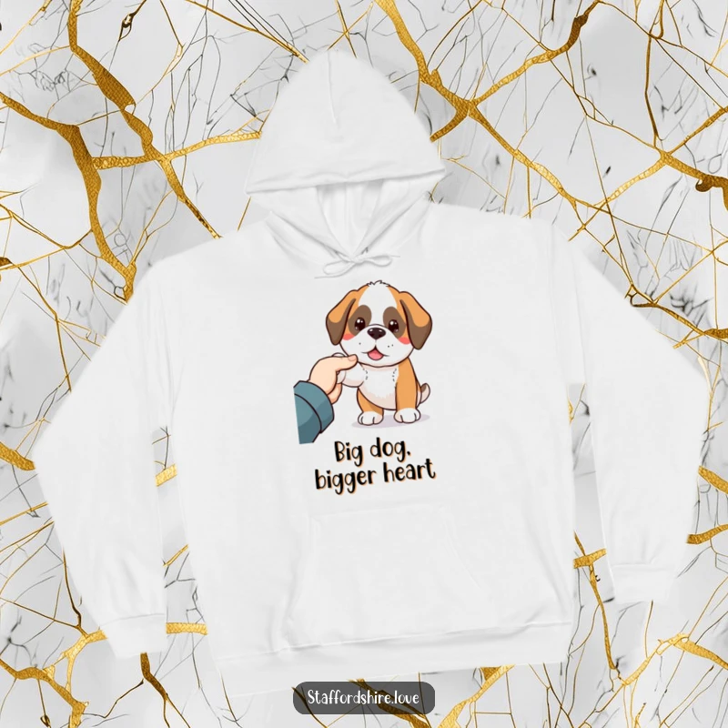 Funny Saint Bernard hoodie showcasing a lovable Kawaii dog nudging a human hand, ideal for cozying up with a smile.