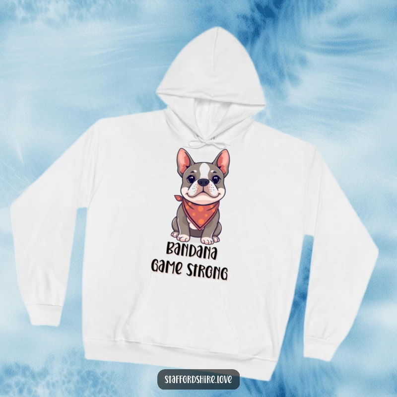 Funny Kawaii Staffordshire Bull Terrier hoodie wearing a tiny bandana, exuding a cool and confident demeanor.