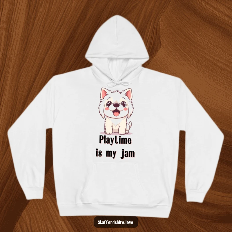Funny Hoodie showcasing a Kawaii Staffordshire dog with wide, excited eyes, radiating pure joy and a desire to play.