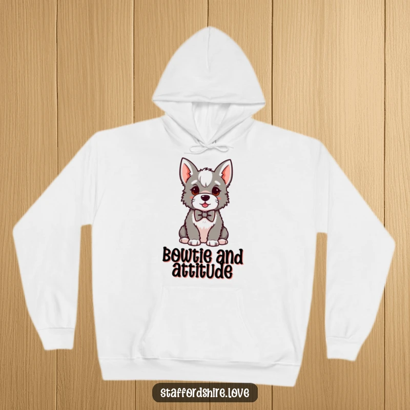 Funny kawaii Staffordshire hoodie, showing a proud dog sitting in a small bowtie, designed for warm, humorous, and stylish wear.
