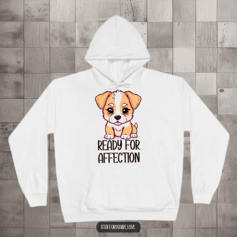 Funny kawaii Staffordshire puppy hoodie, depicting a cute puppy with floppy ears playfully nudging, designed for cozy, humorous wear.
