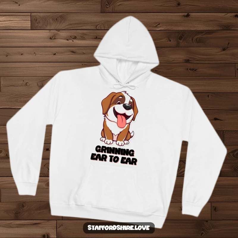 Funny Kawaii Saint Bernard hoodie featuring a cozy, happy dog panting with a big grin, perfect for warmth and as a funny gift.