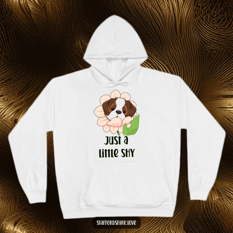Funny Saint Bernard hoodie depicting a lovable dog peeking from behind a giant flower, offering warmth and humor.