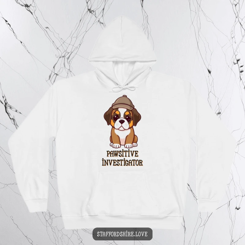 Funny hoodie showcasing a darling Saint Bernard puppy wearing a miniature detective hat, exuding adorable investigative charm.