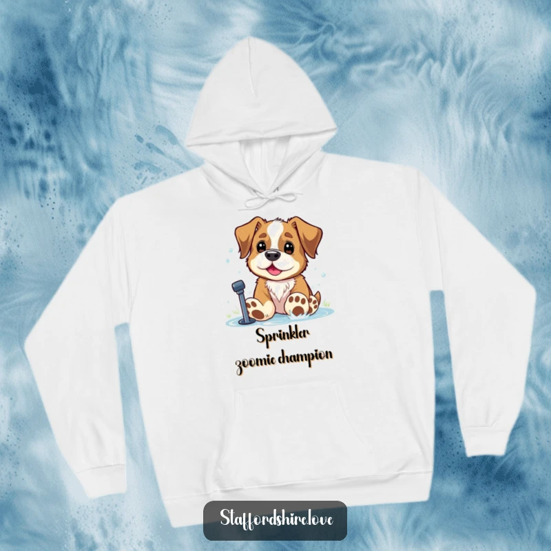 Funny Staffordshire dog with huge paws playing in a sprinkler on a cozy hoodie. Great gift.