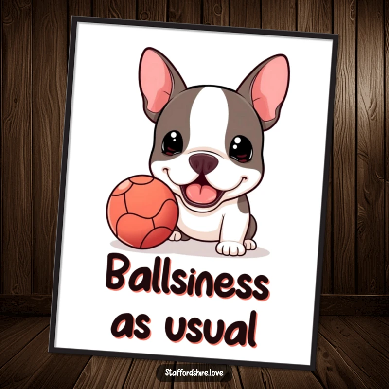 Funny Free Printable Wall Art: A charming Kawaii Staffy Bull Terrier enthusiastically presenting a slobbery ball, ready for fun.
