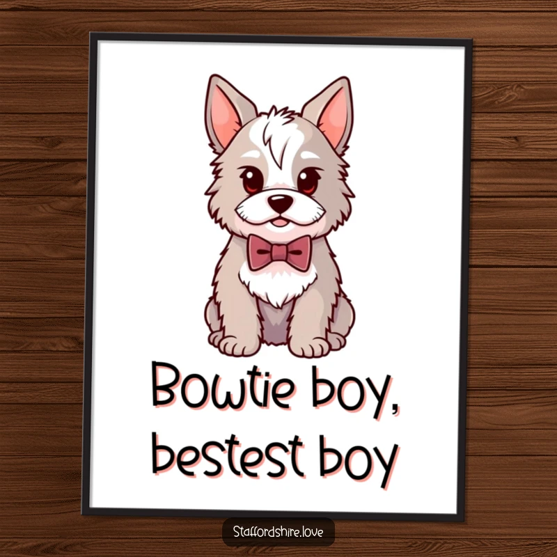 Funny Free Printable Wall Art: Kawaii Staffordshire dog in a tiny bowtie sits proudly, exuding stylish charm.