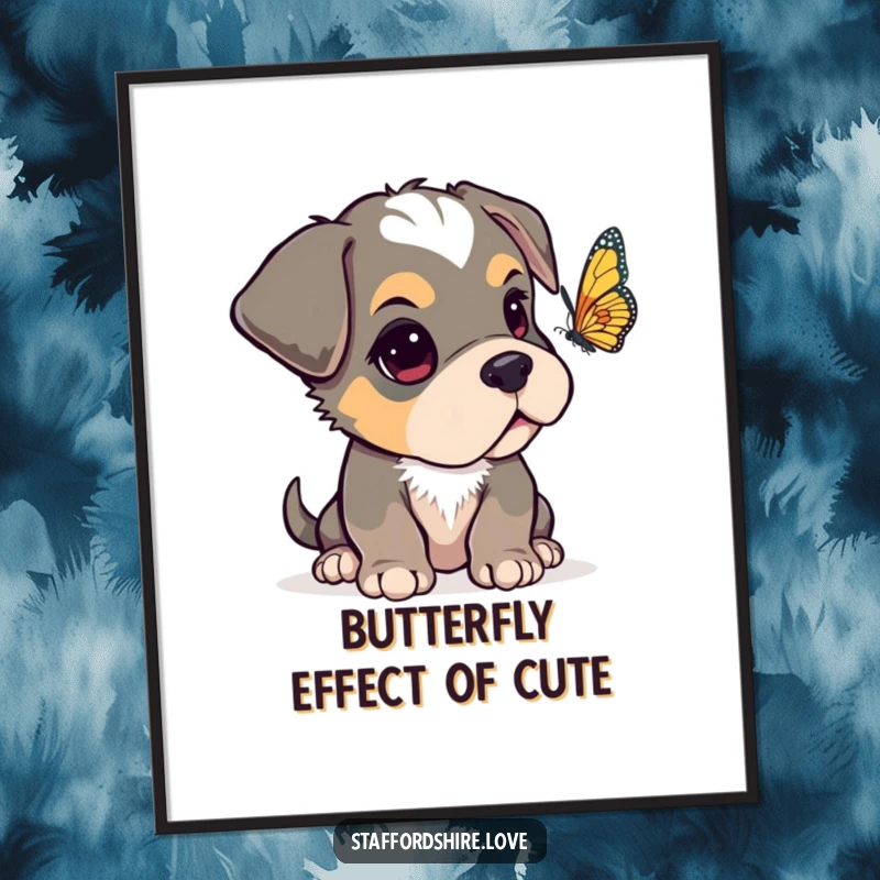 Cute Free Printable Wall Art: A Staffordshire pup with one ear flopped over, curiously fixated on a delicate, fluttering butterfly.