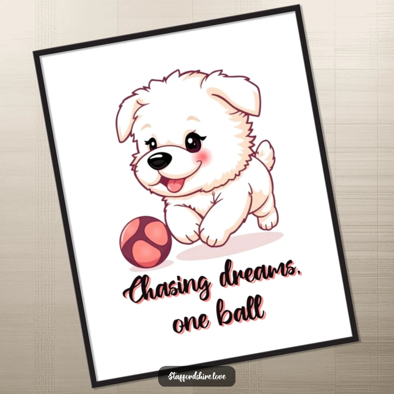 Cute Free Printable Wall Art: A fluffy Staffordshire puppy with rosy cheeks, playfully chasing a bouncing ball with boundless energy.