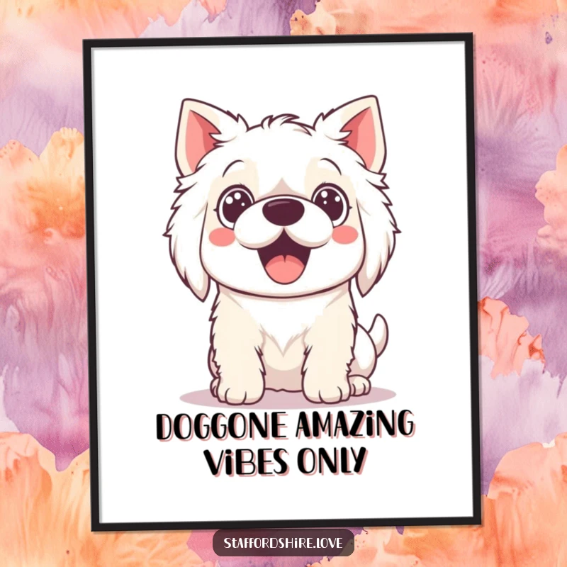 Funny Free Printable Kawaii Staffordshire Wall Art of an excited, wide-eyed dog eager for playtime fun.