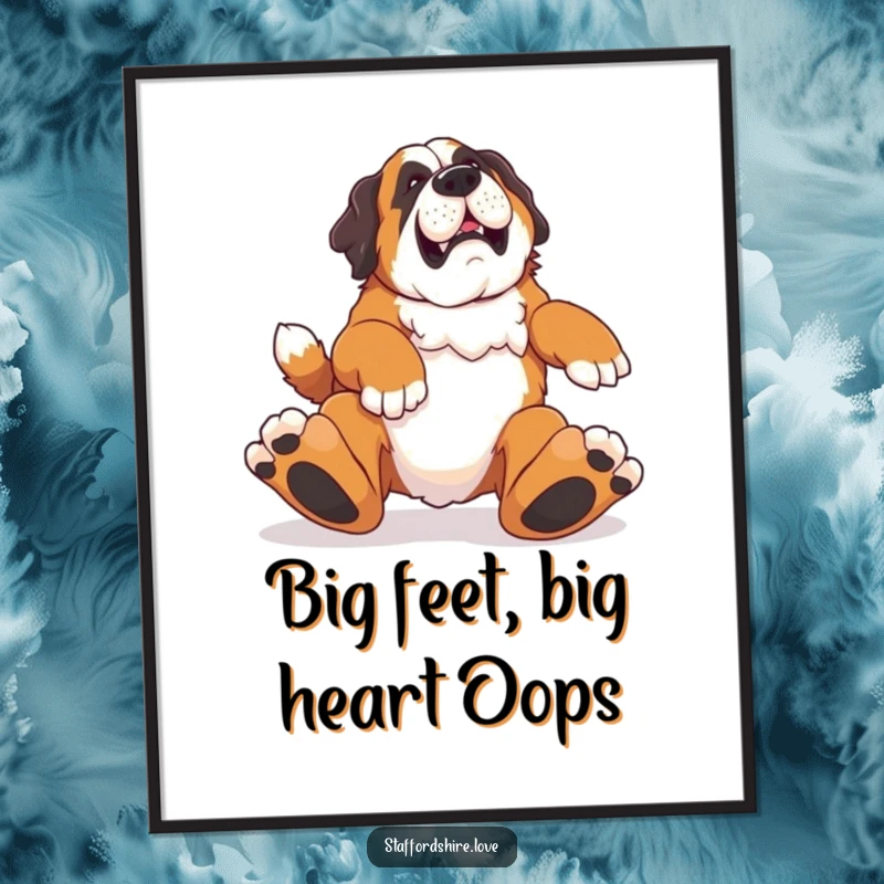 Funny Free Printable Wall Art: A Saint Bernard comically trips over its own giant feet, creating humorous and playful decor.