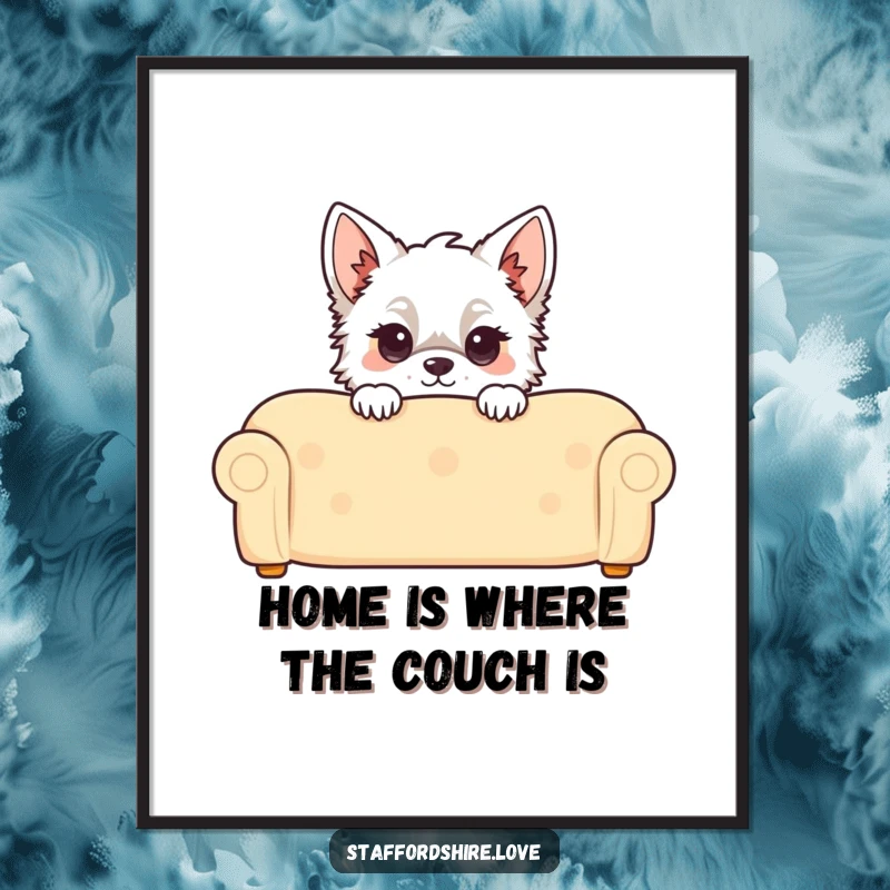 Funny Free Printable Wall Art: Kawaii Staffordshire dog peeking over a comfy couch, adding cozy and playful vibes.