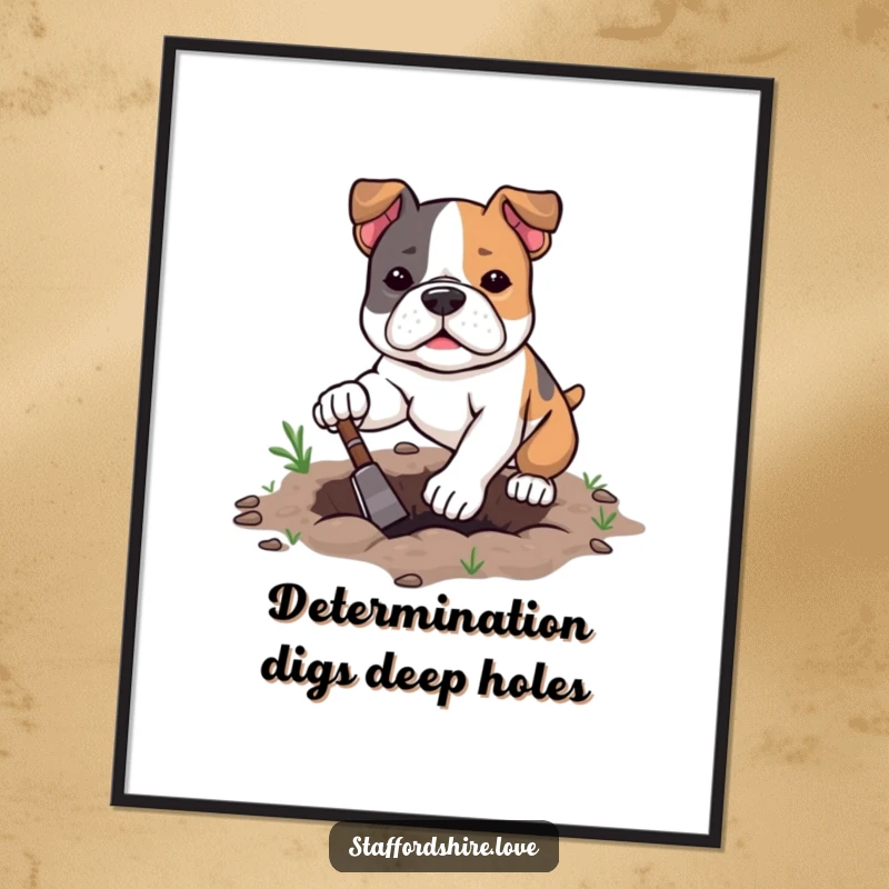 Funny Free Printable Wall Art: Kawaii Staffordshire Bull Terrier digging with intense focus, adding quirky charm.