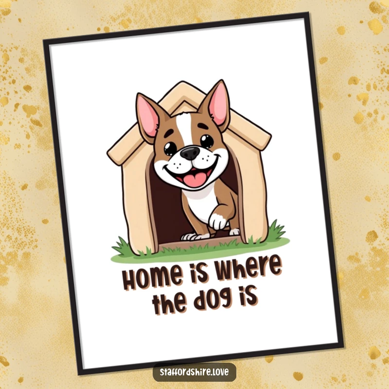 Funny Free Printable Wall Art: A grinning Staffordshire dog humorously peeking its head out of a cozy doghouse.