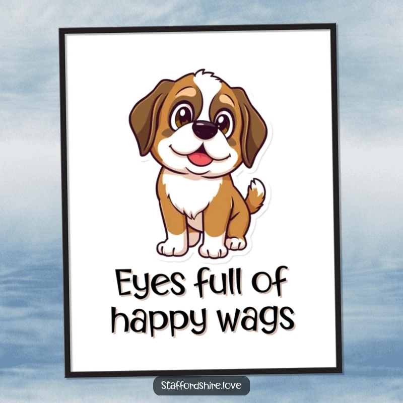 Funny Free Printable Wall Art: A Saint Bernard dog with large, shining eyes wags its tail, radiating pure joy and happiness.
