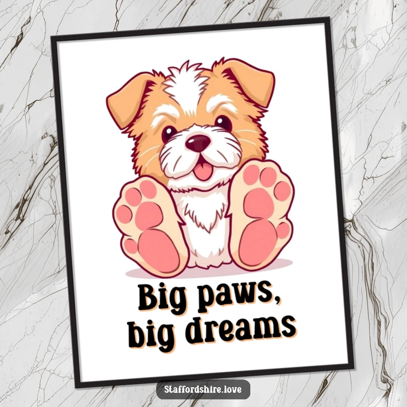 Funny Free Printable Wall Art: Kawaii Staffordshire dog with big paws playfully reaches for a delightful toy.
