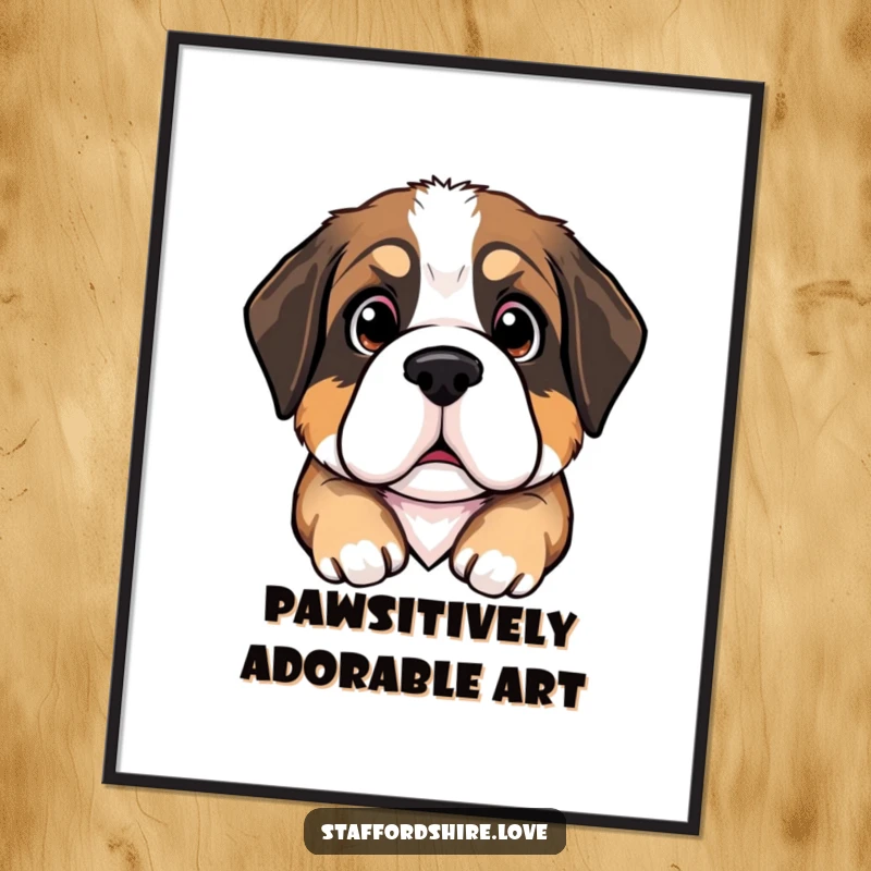 Funny Free Printable Wall Art: Saint Bernard puppy head tilted, large pleading eyes, a humorous piece of downloadable decor.