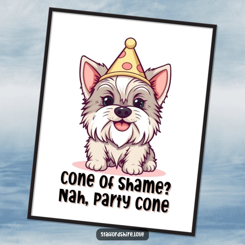 Funny Free Printable Wall Art of a happy Staffordshire with a silly grin wearing a tiny, festive cone hat, bringing humor home.
