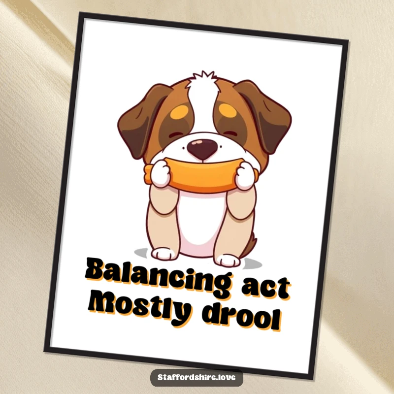 Funny Free Printable Wall Art: A Saint Bernard balances a squeaky toy on its snout, creating humorous and charming decor.