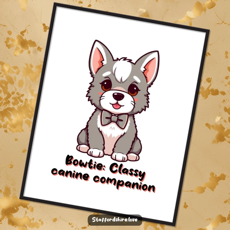 Funny Free Printable Wall Art of a kawaii Staffordshire dog wearing a small bowtie, sitting proudly, exuding a distinguished and humorous presence.