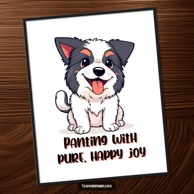 Funny Free Printable Wall Art of a kawaii Staffordshire dog with a furiously wagging tail and happy pants, radiating uncontainable joy.