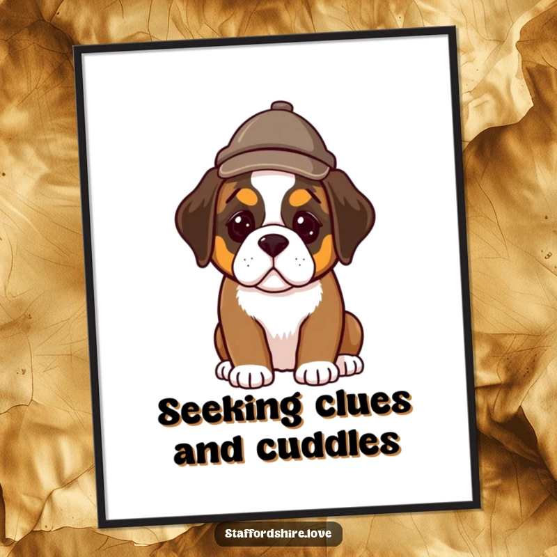 Funny Free Printable Wall Art: A Saint Bernard puppy wearing a tiny detective hat peers intently, bringing playful intrigue to your walls.