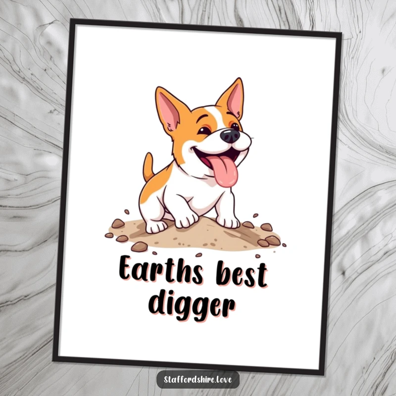 Funny Free Printable Wall Art: An energetic Staffordshire dog with a happy pant, digging enthusiastically in soft earth with pure joy.