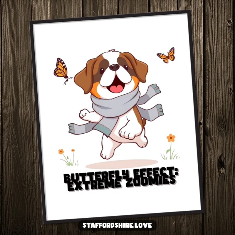 Funny Free Printable Wall Art: A Saint Bernard in a scarf comically obsessed with chasing a small butterfly, perfect for dog lovers.