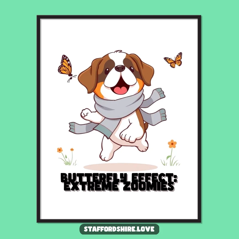 Funny Free Printable Wall Art: Saint Bernard Butterfly Chase Downloadable Home Decor