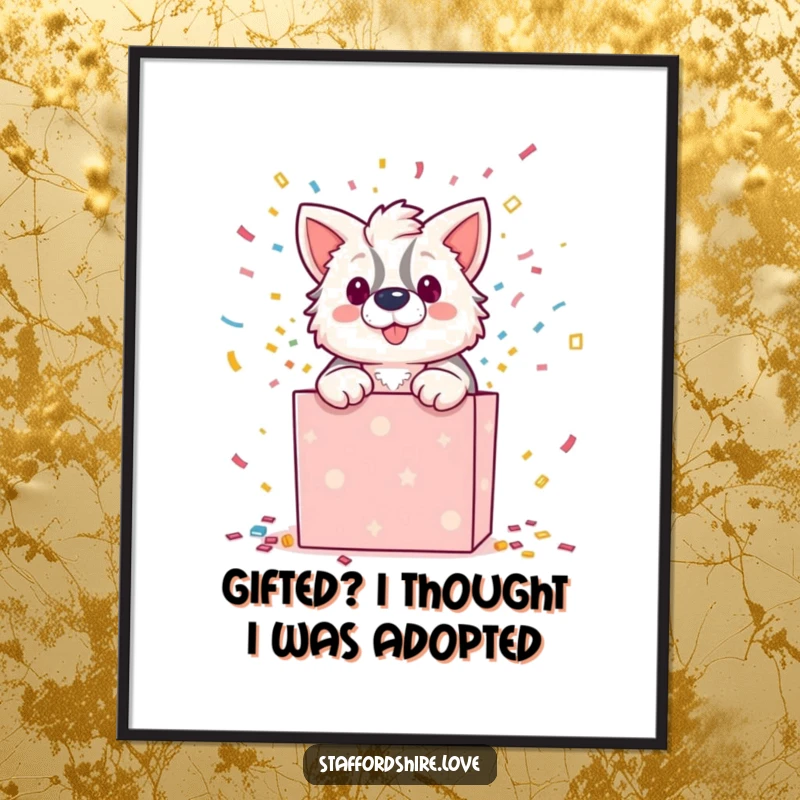 Funny Free Printable Wall Art: Staffordshire dog dramatically bursting out of a gift box covered in confetti, festive chaos.