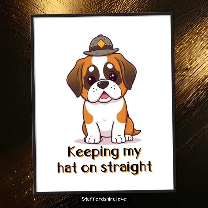 Funny Free Printable Wall Art: A lovable kawaii Saint Bernard concentrating on balancing a small, adorable hat on its head.
