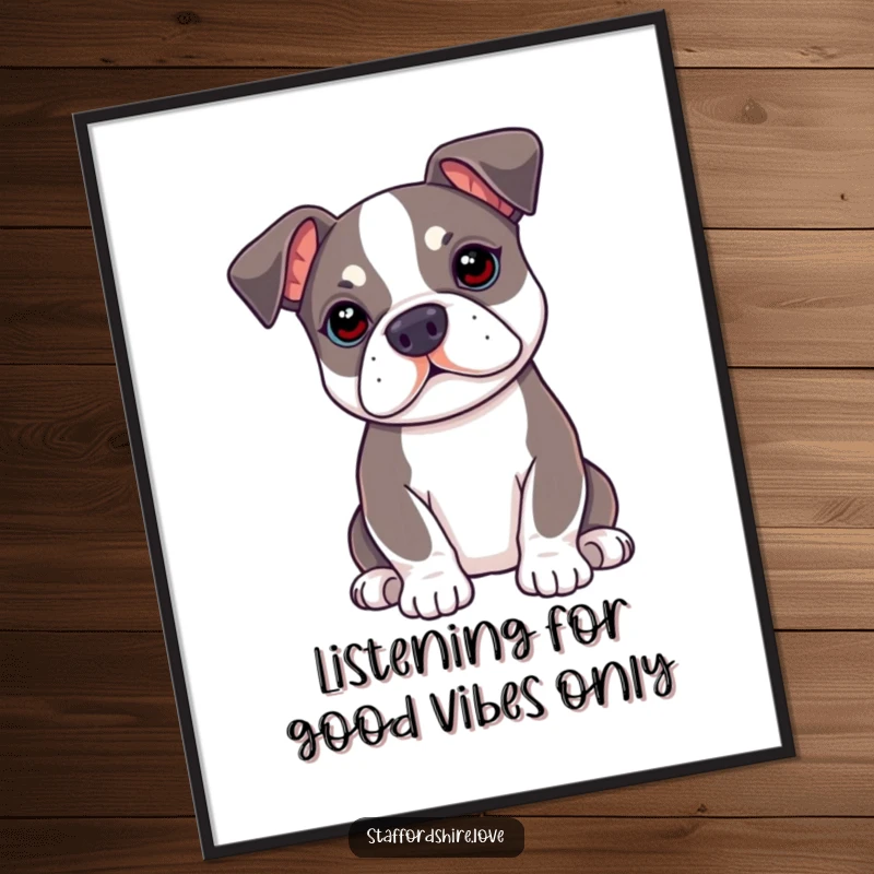 Funny Free Printable Wall Art: Kawaii Staffordshire Bull Terrier with floppy ears perked up, showing eager attention.