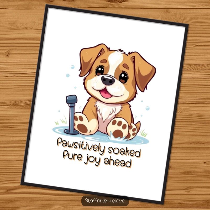 Funny Free Printable Wall Art of a joyful Staffordshire with comically large paws playing exuberantly in a garden sprinkler.