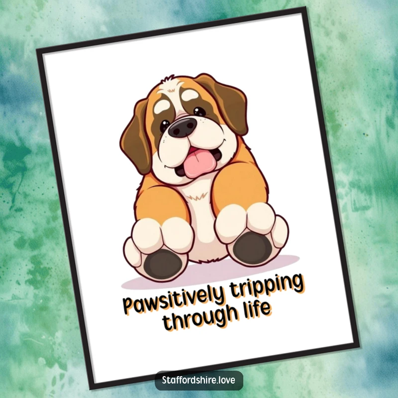 Funny Free Printable Wall Art: A kawaii Saint Bernard comically trips over its large paws, creating a hilarious and charming piece of downloadable decor.
