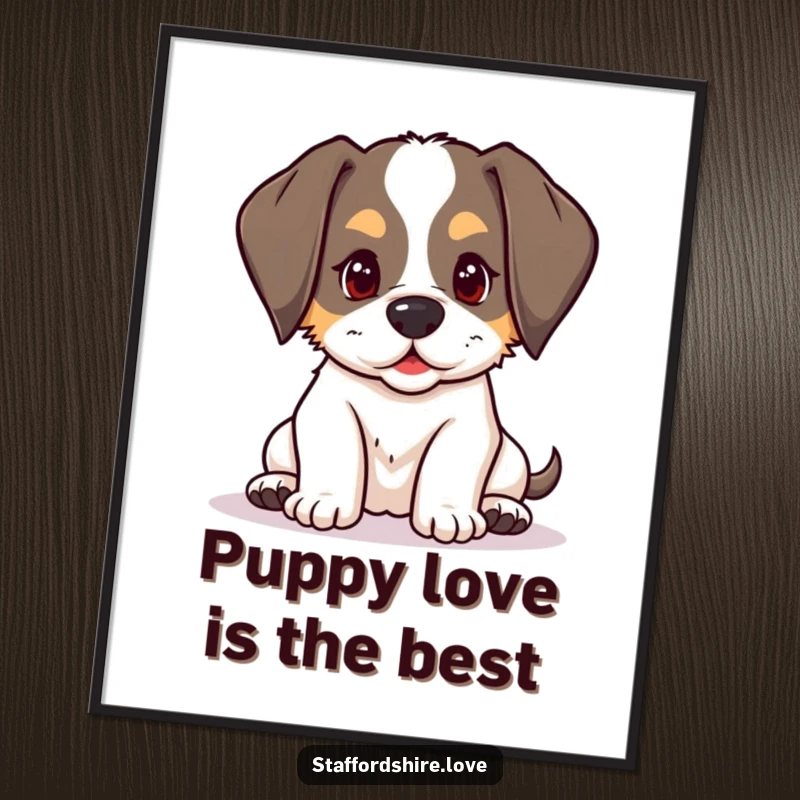 Funny Free Printable Wall Art: Kawaii Staffordshire puppy with floppy ears playfully nudging, radiating warmth and humor, perfect downloadable decor.