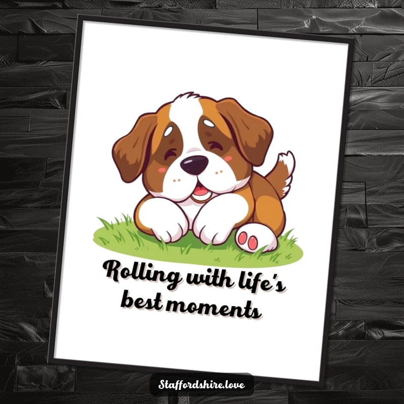 Funny Free Printable Wall Art: A lovable kawaii Saint Bernard doing a goofy, clumsy roll on a field of green grass.
