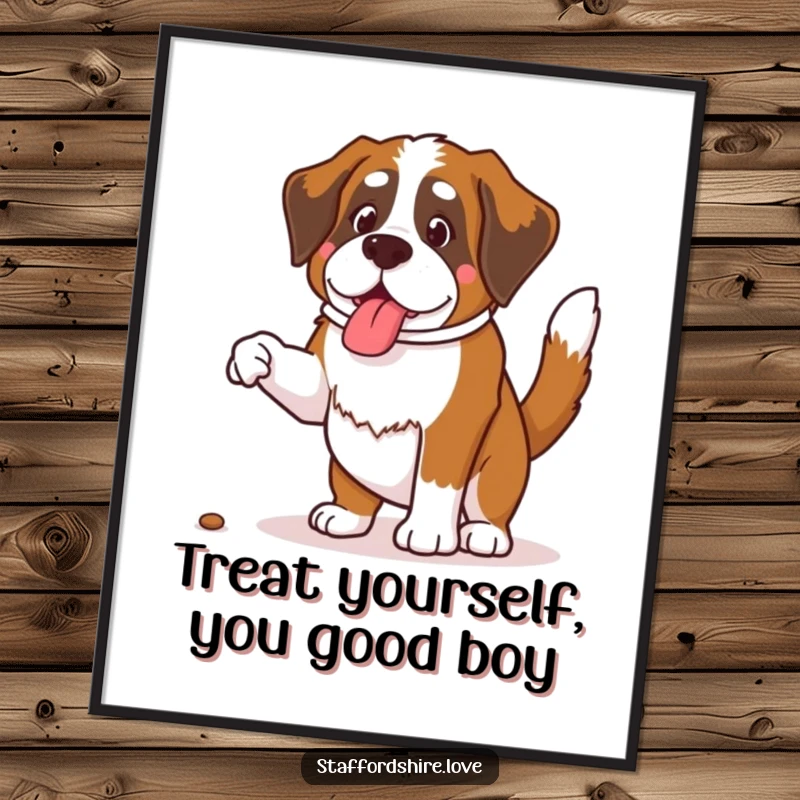 Funny Free Printable Wall Art: A Saint Bernard captured mid-jump, tail wagging, eyes focused on a treat, full of playful anticipation.
