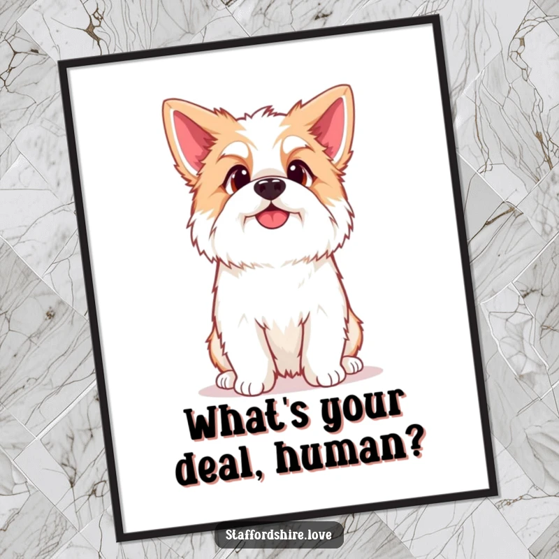 Funny Free Printable Wall Art: Kawaii Staffordshire dog with a curious head tilt, adding inquisitive charm to any room.