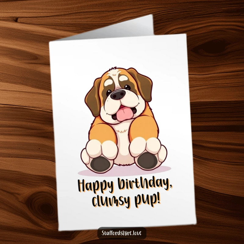 Funny Free Printable Birthday Card: A kawaii Saint Bernard comically trips over its own large paws, a delightful downloadable art.