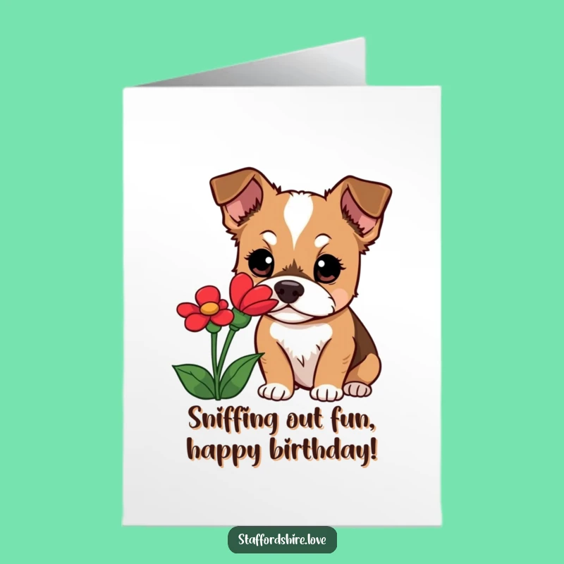 Free Printable Birthday Card: Curious Staffy Sniffing Flower, Funny Downloadable Gift